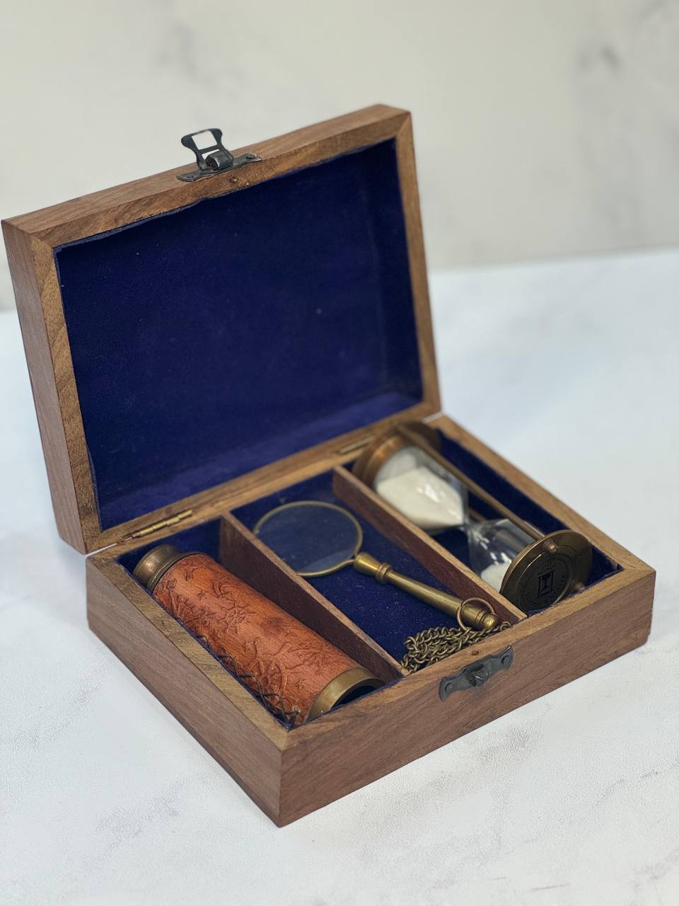  ArtistryBazaar Handmade Nautical مجموعه 3 تکه تلسکوپ-سندتایمر یا ساعت شنی و قطب نما با جعبه چوبی هدایای دکور خانه روستای 