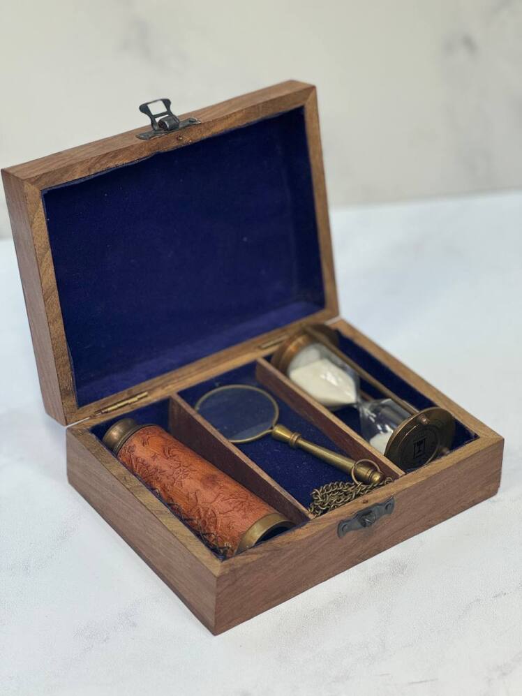 ArtistryBazaar Handmade Nautical مجموعه 3 تکه تلسکوپ-سندتایمر یا ساعت شنی و قطب نما با جعبه چوبی هدایای دکور خانه روستای