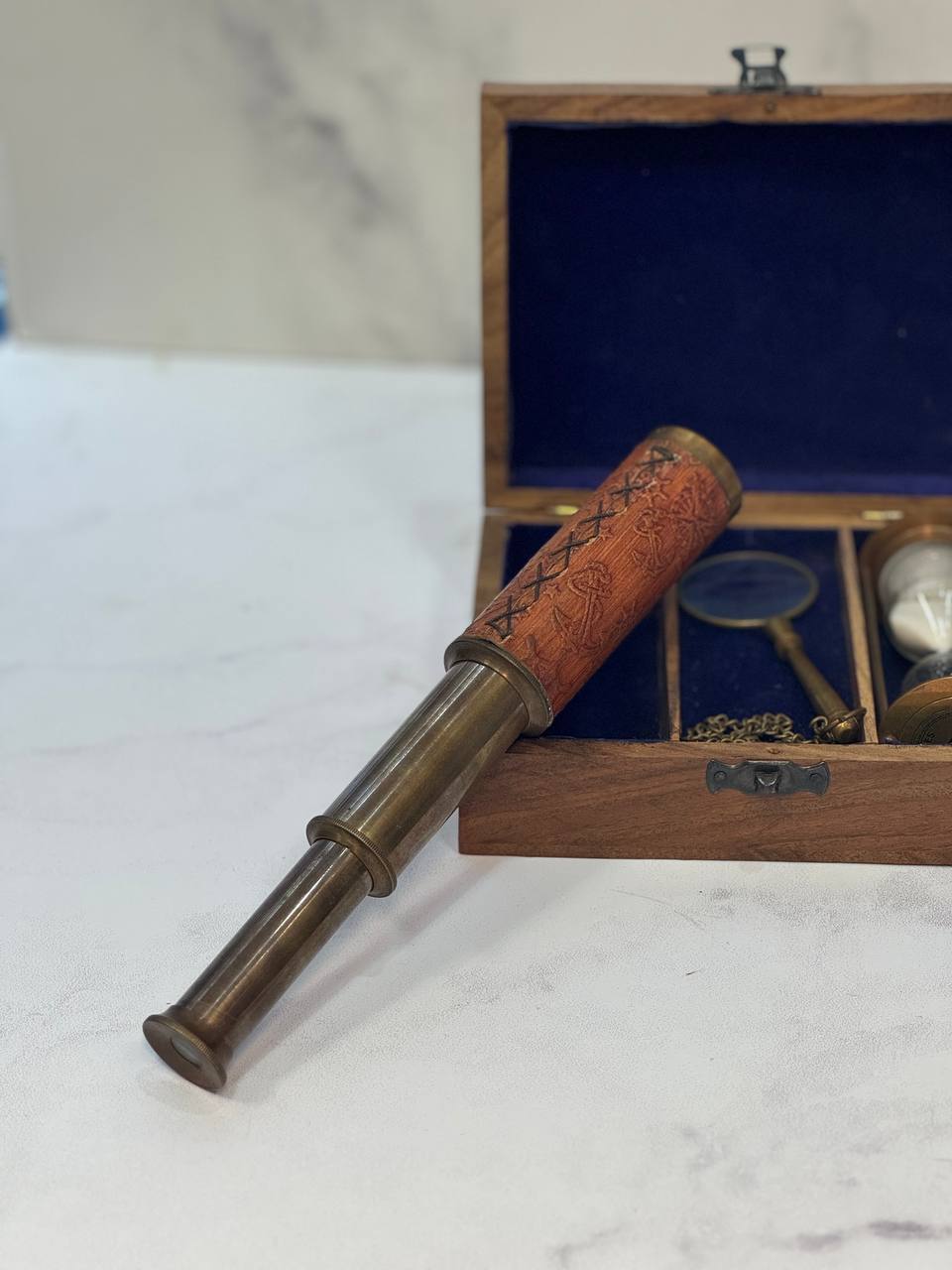  ArtistryBazaar Handmade Nautical مجموعه 3 تکه تلسکوپ-سندتایمر یا ساعت شنی و قطب نما با جعبه چوبی هدایای دکور خانه روستای 